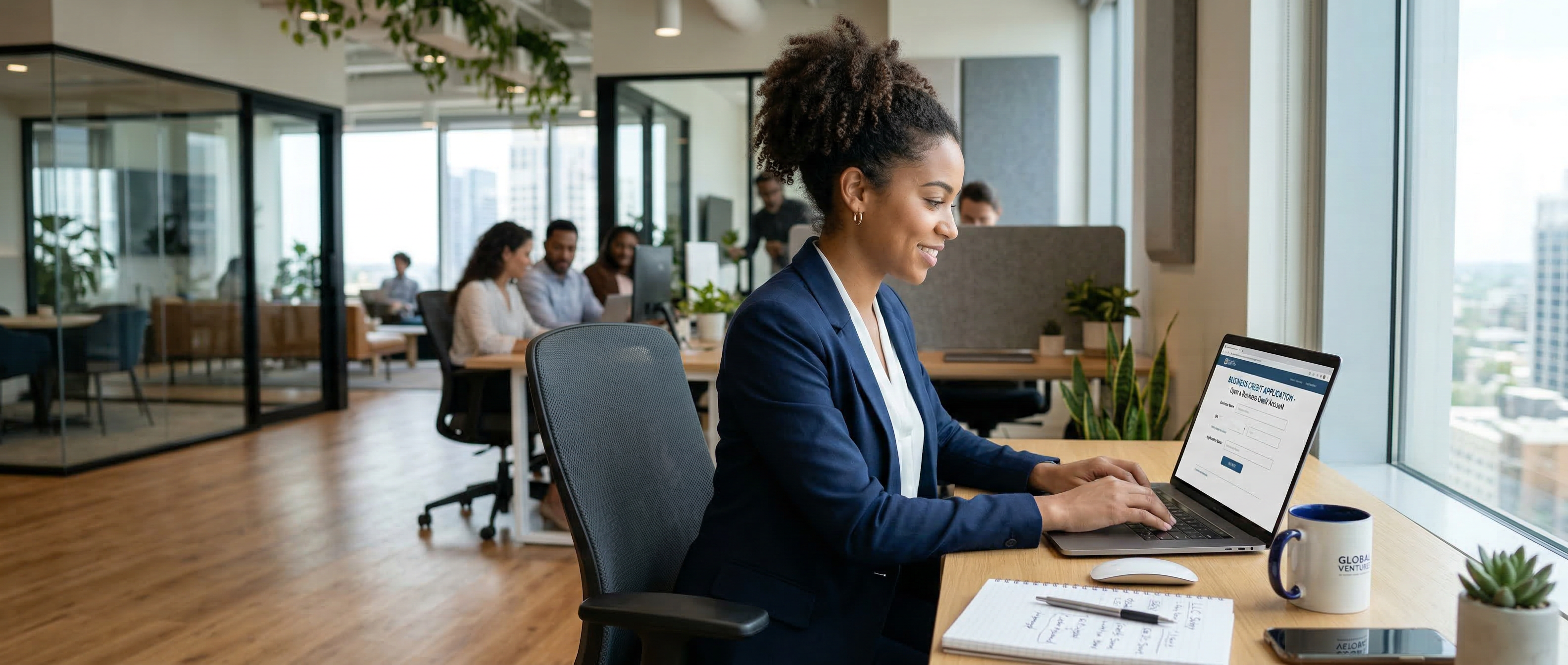 Woman working on a laptop in an office setting with colleagues in the background
