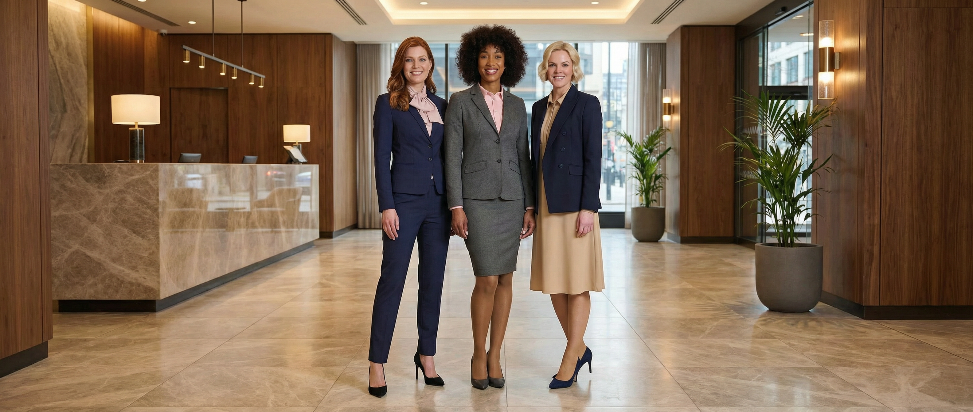 3 women stood inside a luxury hotel reception wearing Brook Taverner Women's Suit Jackets. The women on the left is wearing a navy suit jacket, the women in the middle is wearing a grey suit jacket and the woman on the right is wearing a black women's suit jacket