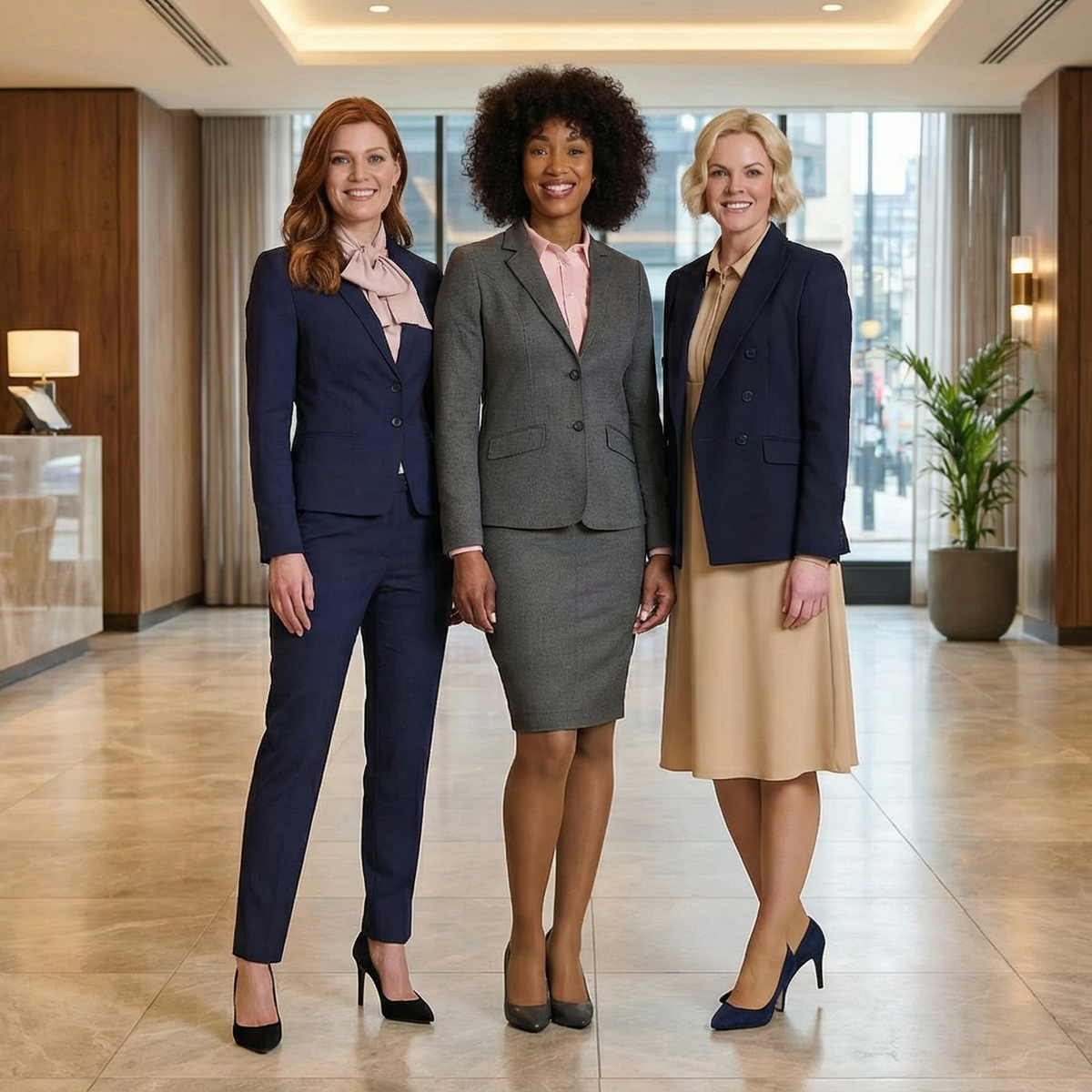 3 women stood inside a luxury hotel reception wearing Brook Taverner Women's Suit Jackets. The women on the left is wearing a navy suit jacket, the women in the middle is wearing a grey suit jacket and the woman on the right is wearing a black women's suit jacket