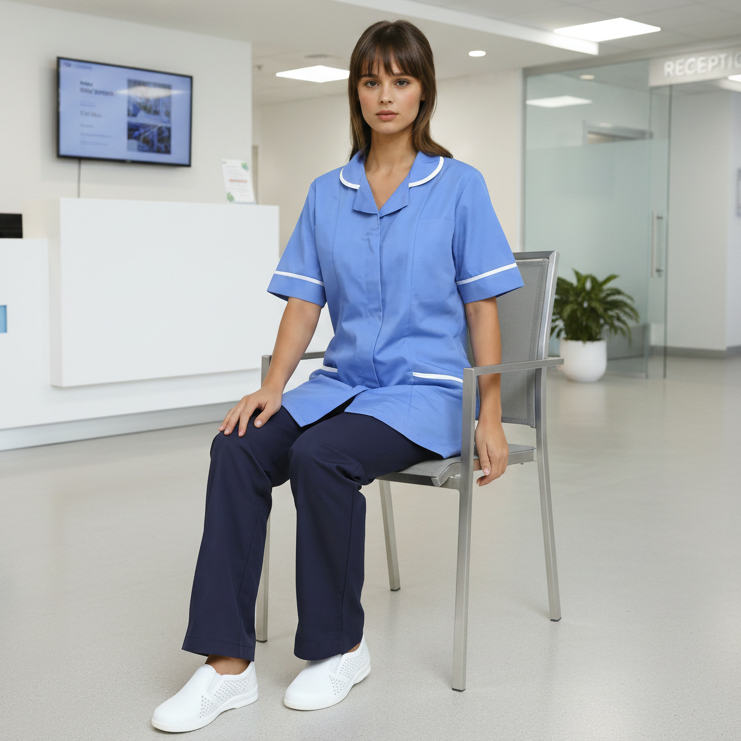 A female nurse sat in a chair in a NHS hospital wearing blue healthcare trousers and a NHS Blue tunic