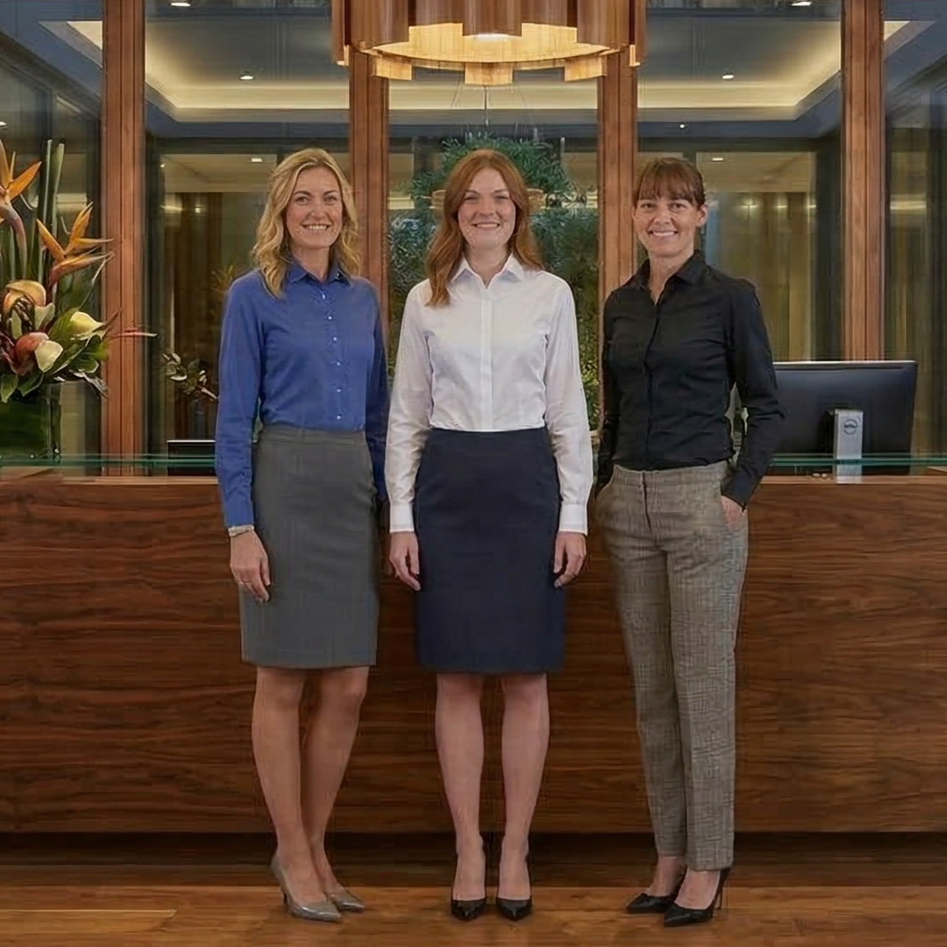 Three women standing in a modern lobby with wooden floors and glass walls.