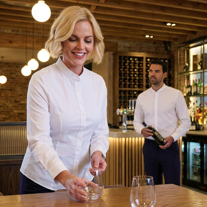 A woman in a restaurant wearing a white grandad collar shirt