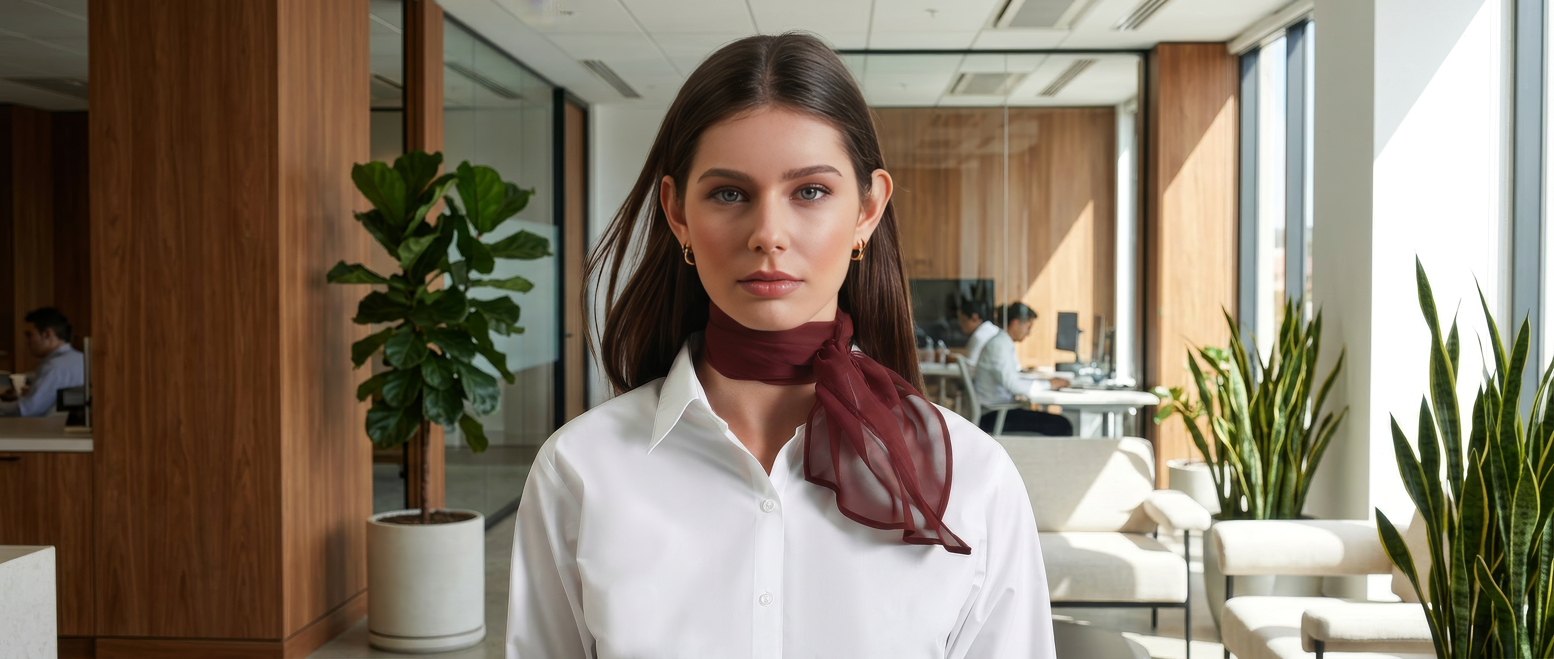 A woman wearing a white shirt and a burgundy work scarf. the scarf is a chiffon scarf similar to the airline scarf that air hostesses wear