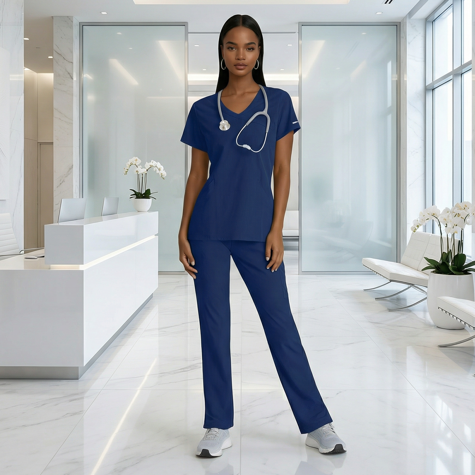 A woman wearing a blue scrub set stood inside a cliic on Harley Street London