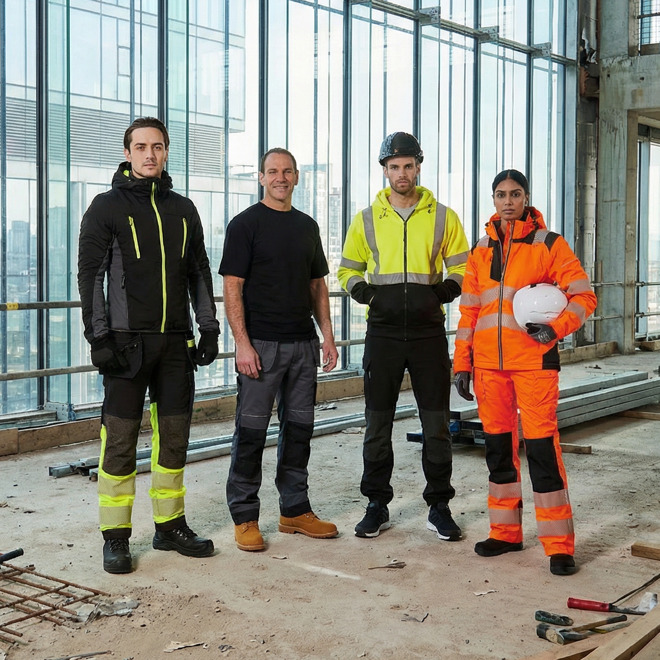 Four construction workers in high-visibility clothing standing in a large, open industrial space with large windows.