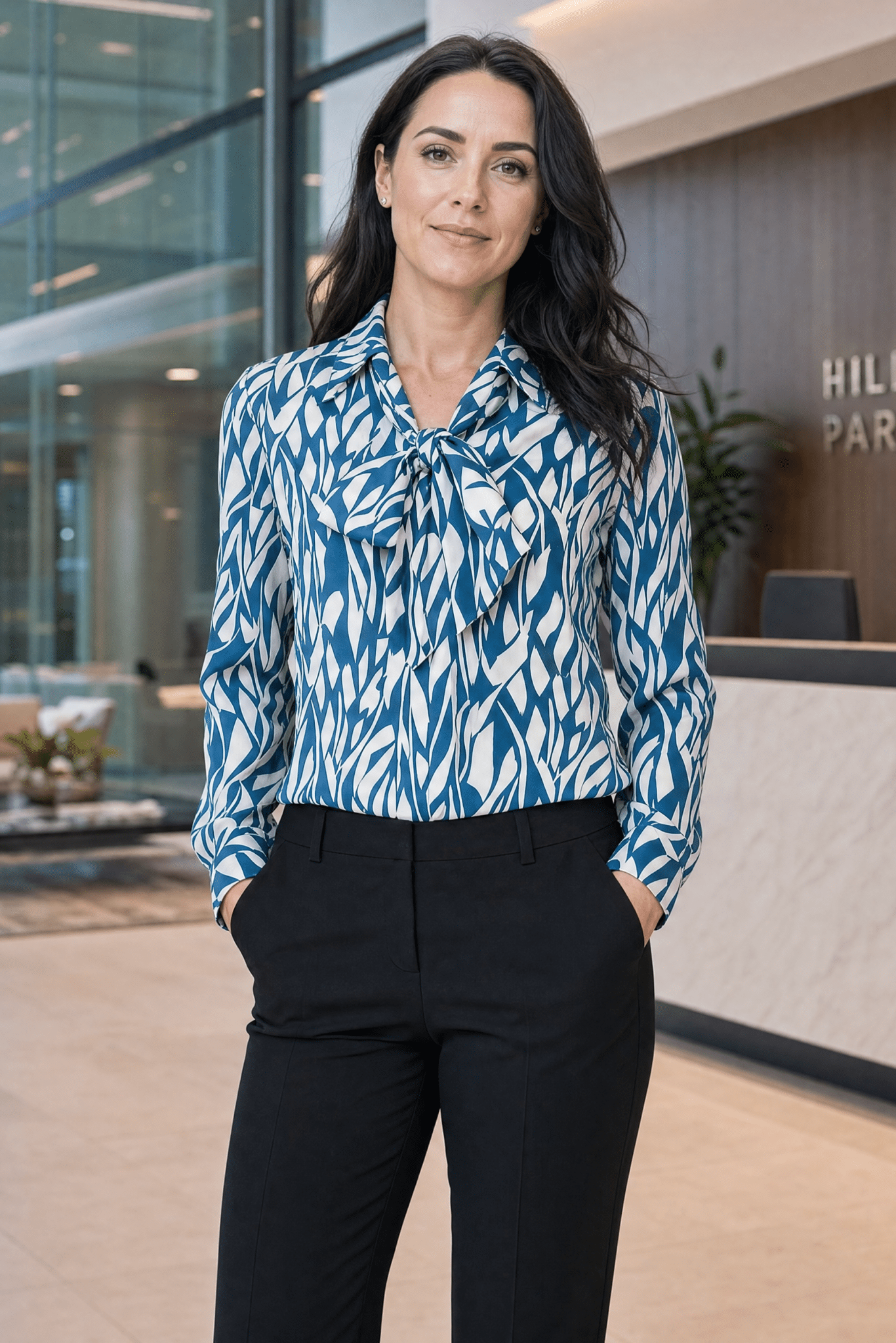 Abstract Teal Long Sleeve Blouse (Removable Tie) - The Staff Uniform Company