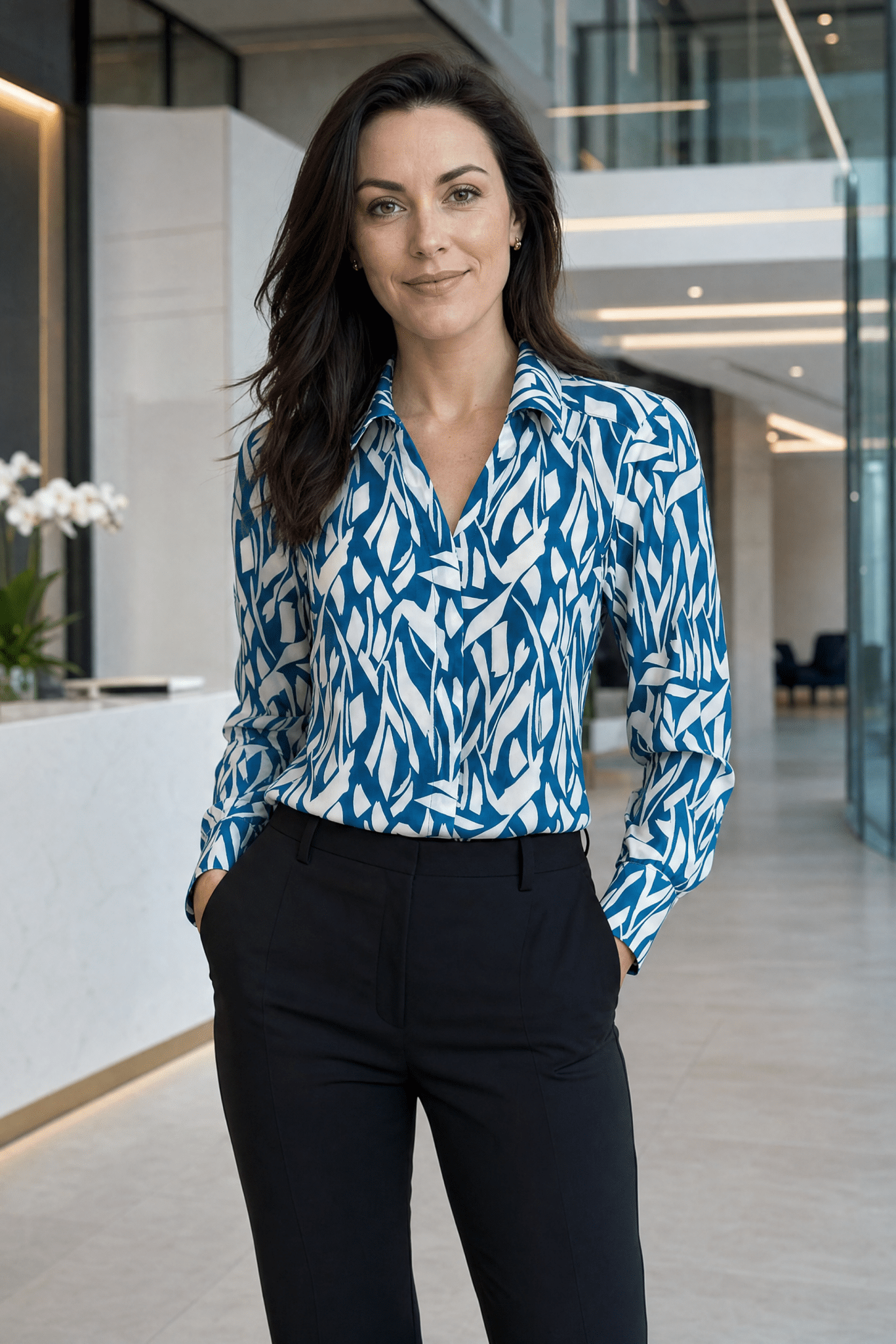Abstract Teal Long Sleeve Blouse (Removable Tie) - The Staff Uniform Company