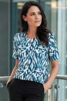 Womens Round Neck Pleat Shoulder Blouse - Teal Abstract Print Blouses Arcaras