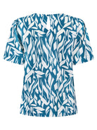 Womens Round Neck Pleat Shoulder Blouse - Teal Abstract Print Blouses Arcaras