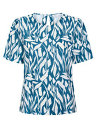 Womens Round Neck Pleat Shoulder Blouse - Teal Abstract Print Blouses Arcaras
