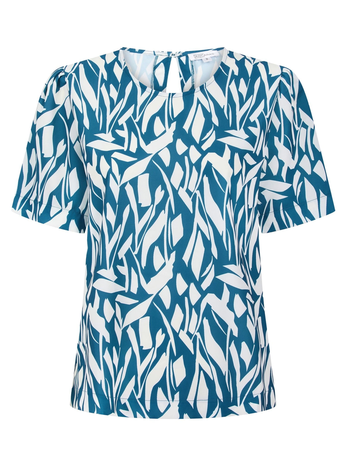 Womens Round Neck Pleat Shoulder Blouse - Teal Abstract Print Blouses Arcaras