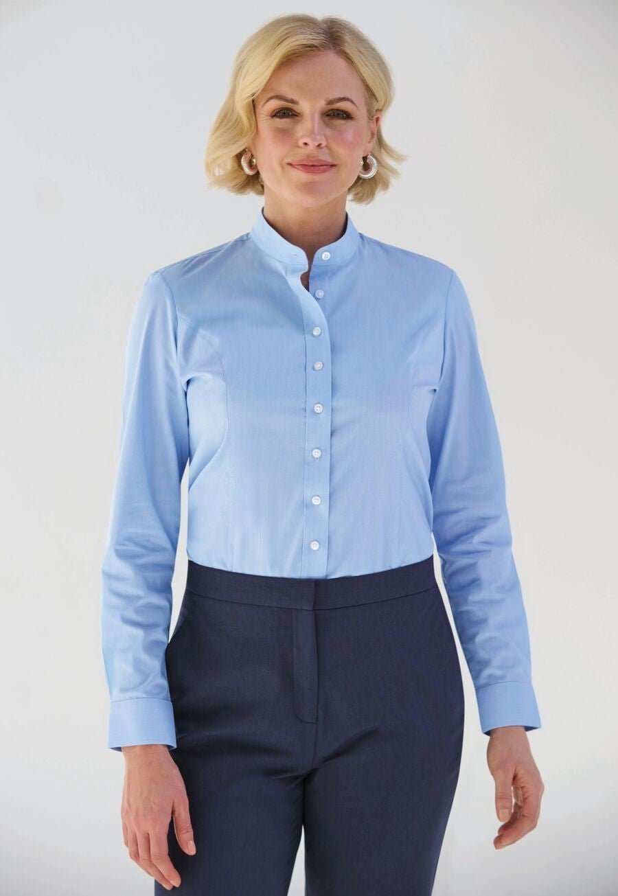 Amelia Semi-Fitted Grandad Collar Shirt Womens Long Sleeve Shirts Brook Taverner Sky Blue 6