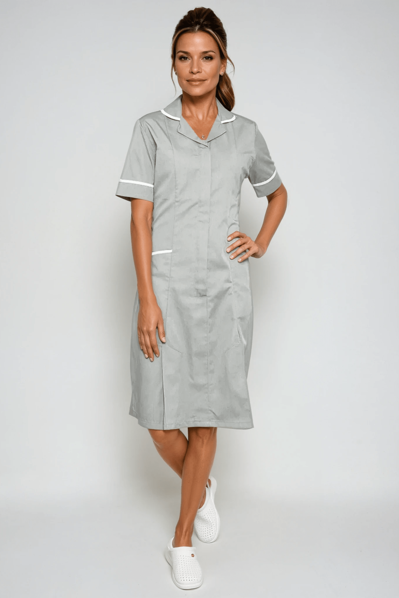 NCLD - Nurse Dress in Grey with White Trim Healthcare Dress Behrens Grey 6 Short