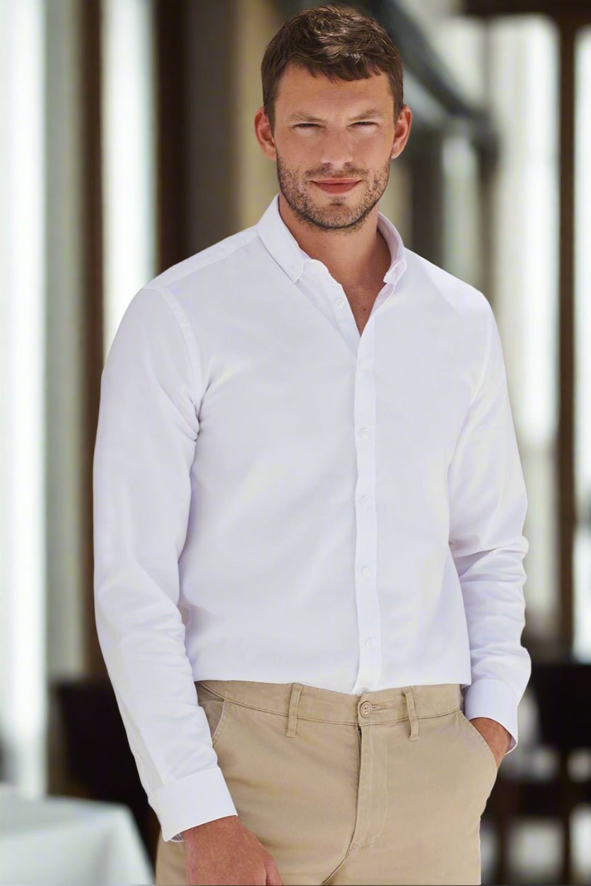 HB512: Modern Mens Long Sleeve Oxford Shirt Mens Long Sleeve Shirts Henbury White XS Regular