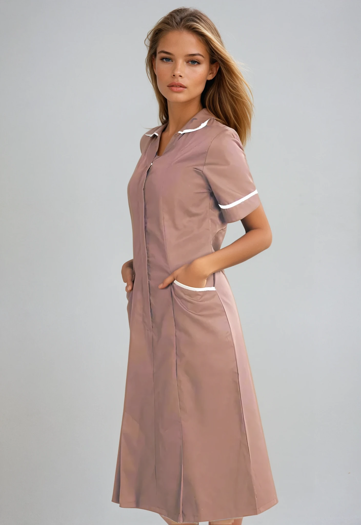NCLD - Nurse Dress in Biscuit with White Trim Healthcare Dress Behrens Biscuit 6 Short