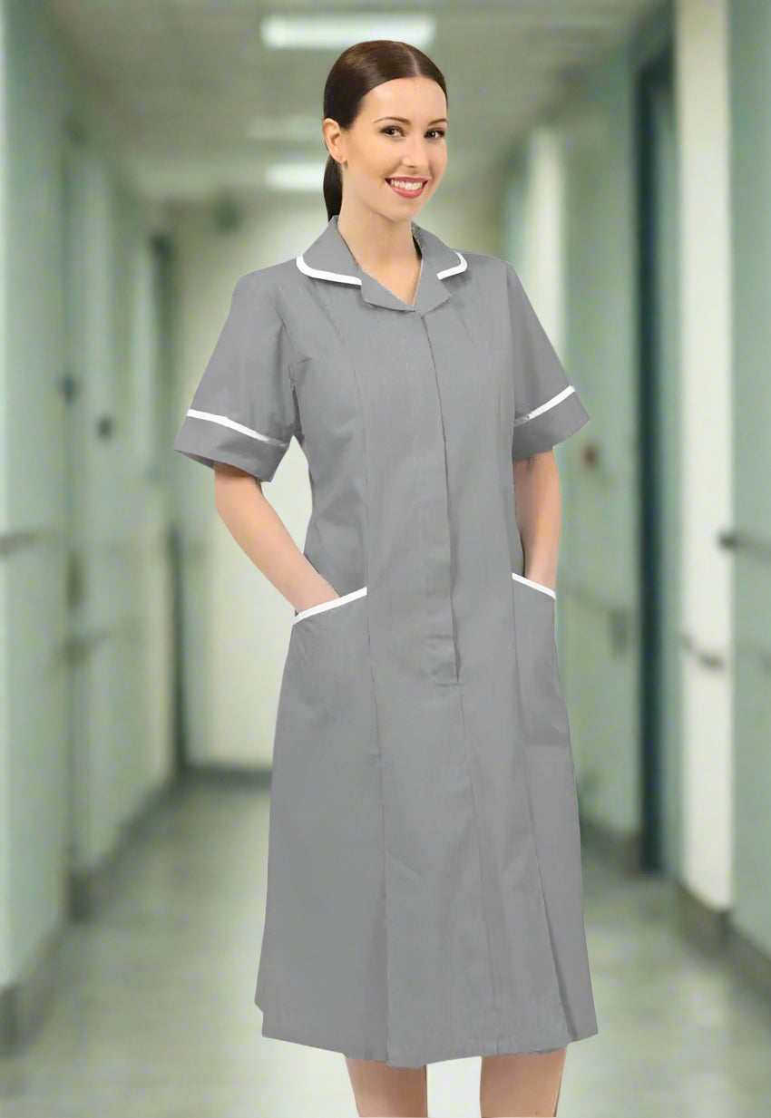 Grey/White Stripe Nurse Dress with White Trim Healthcare Dress Behrens