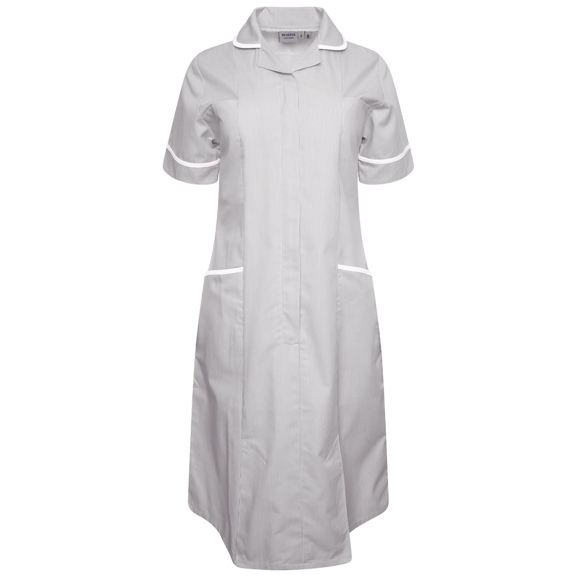 Grey/White Stripe Nurse Dress with White Trim Healthcare Dress Behrens 6 Short