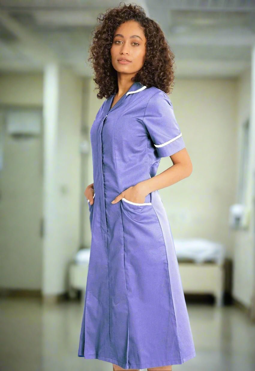 NCLD - Nurse Dress in Metro Blue with White Trim Healthcare Dress Behrens