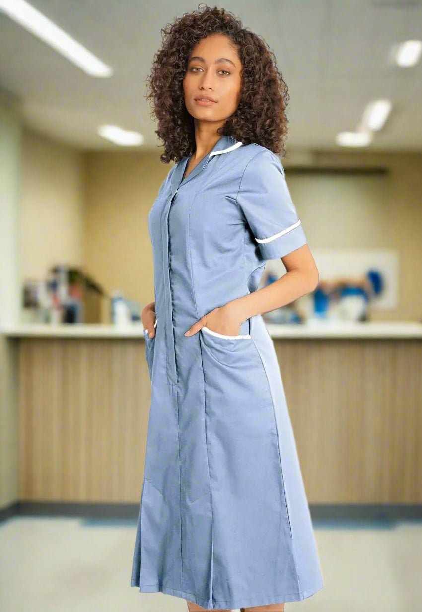 NCLD - Nurse Dress in Sky Blue with White Trim Healthcare Dress Behrens