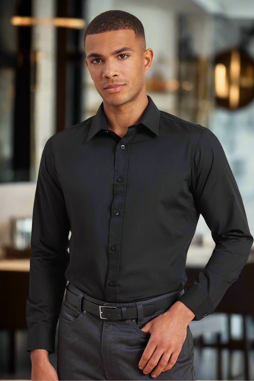 PR204: Mens Fitted Long Sleeve Shirt Mens Long Sleeve Shirts Premier Black 14.5"
