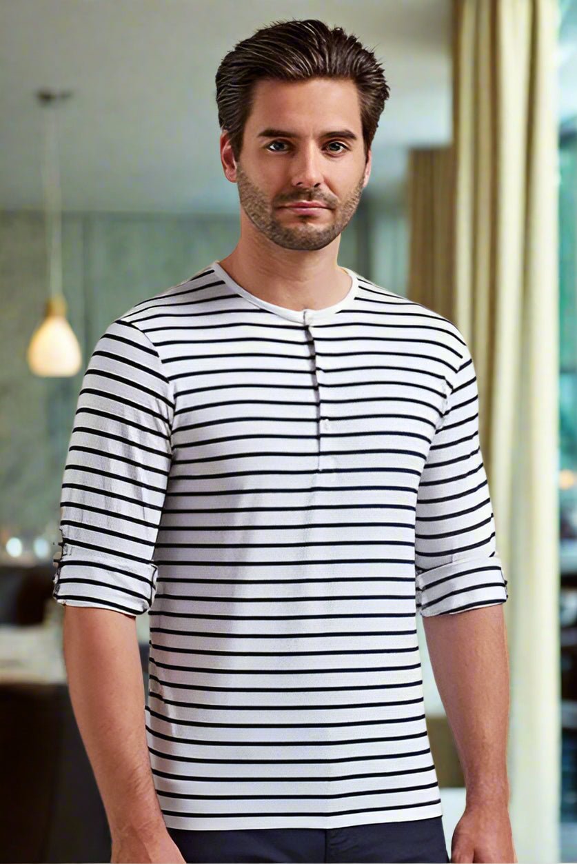 PR218: Mens Long John Roll Sleeve T-Shirt Mens T-Shirts Premier White/Navy XS