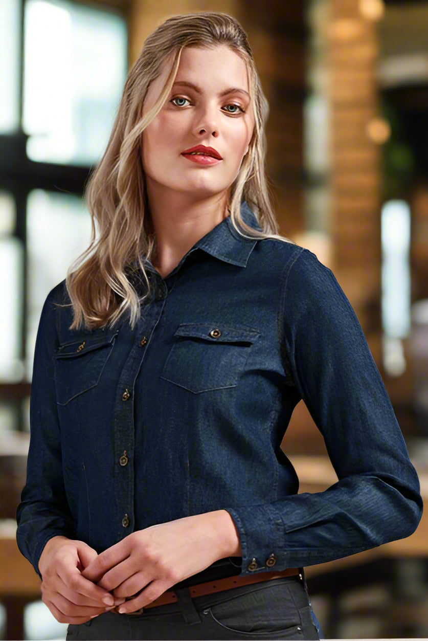 PR322 Ladies Jean Stitch Denim Shirt Black Denim XS