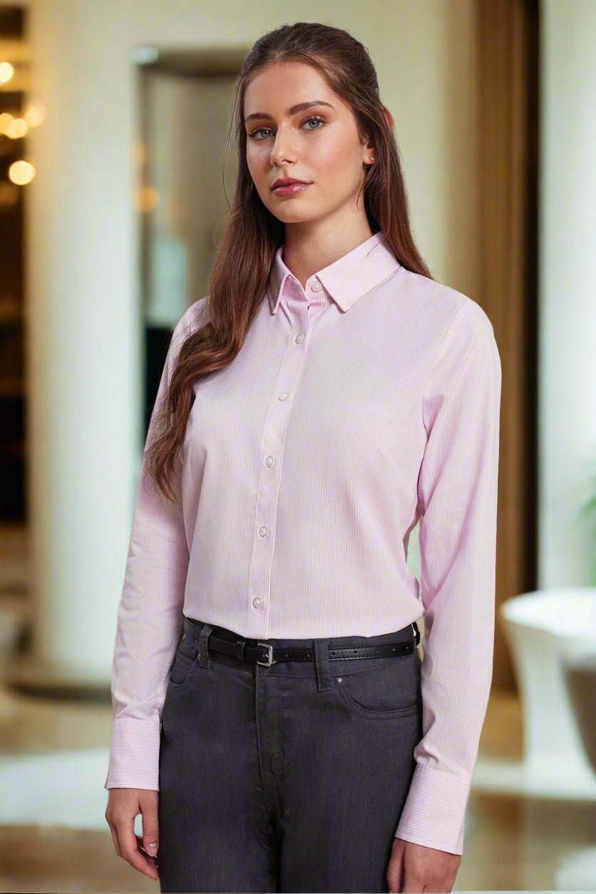 PR338: Ladies Oxford Stripe Shirt Womens Long Sleeve Shirts Premier White/Pink XS