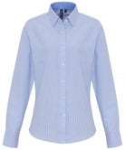 PR338: Ladies Oxford Stripe Shirt Womens Long Sleeve Shirts Premier White/Oxford Blue XS