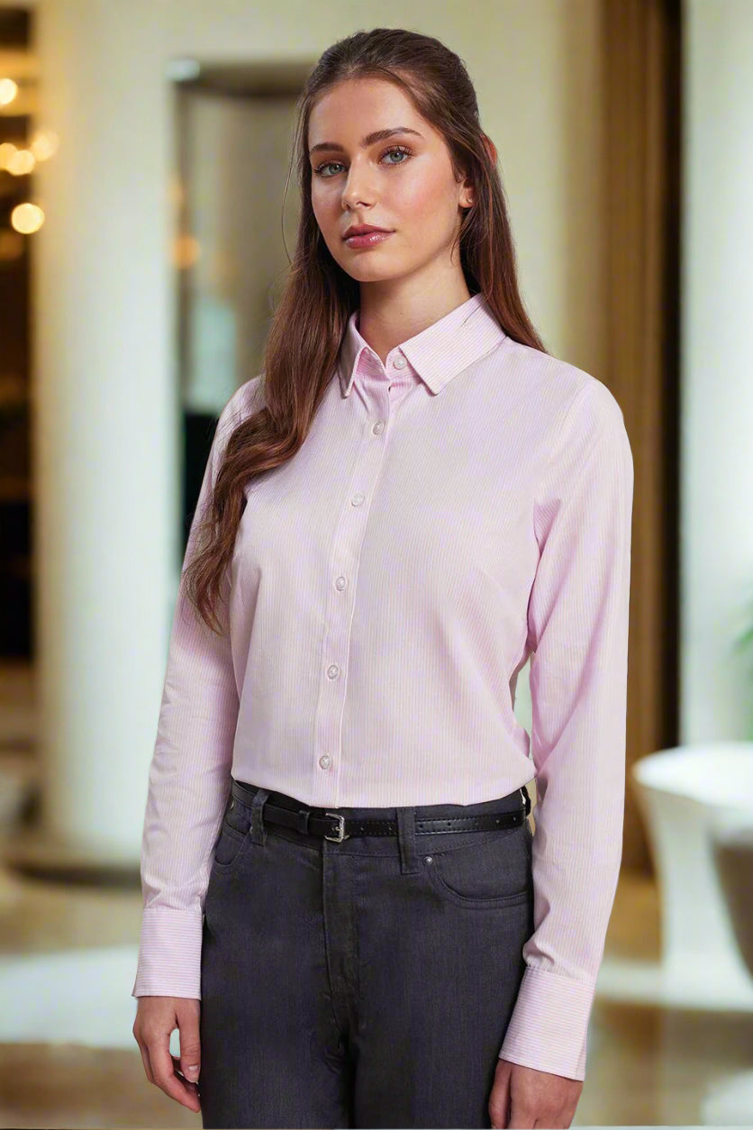 PR338: Ladies Oxford Stripe Shirt Womens Long Sleeve Shirts Premier White/Pink XS