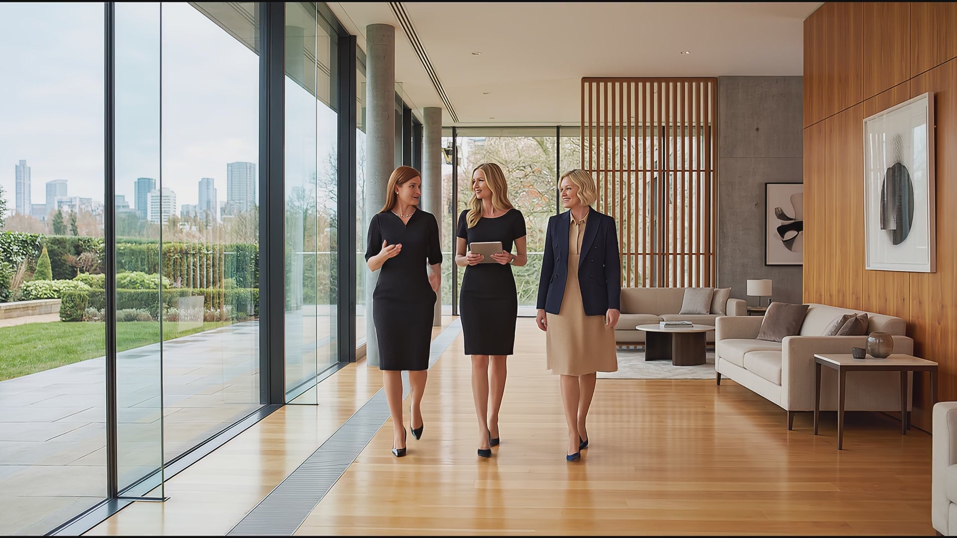 Video of 3 women wearing Brook Taverner Uniforms walking through an office in their office uniforms