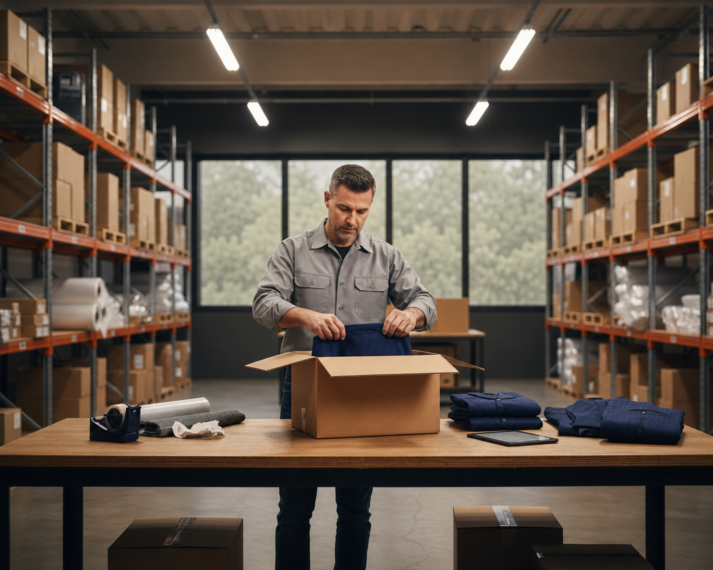 a man packing up uniforms