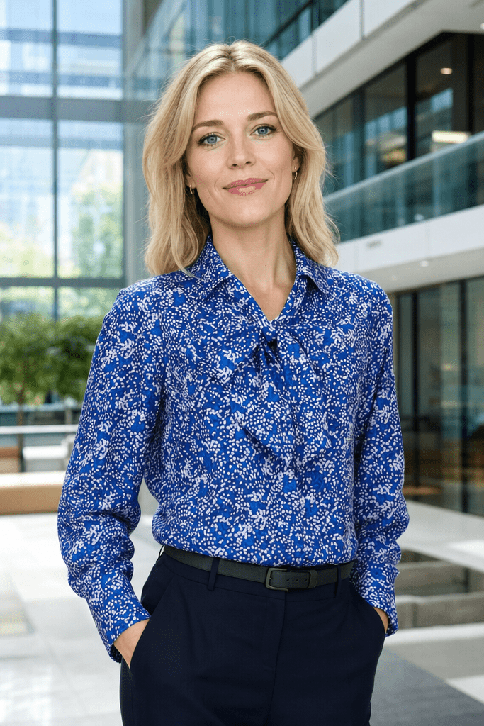 Womens Long Sleeve Blouse with Removable Tie - Blue Scatter Print Blouses Arcaras Blue 6