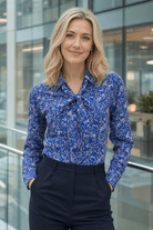Womens Long Sleeve Blouse with Removable Tie - Blue Scatter Print Blouses Arcaras
