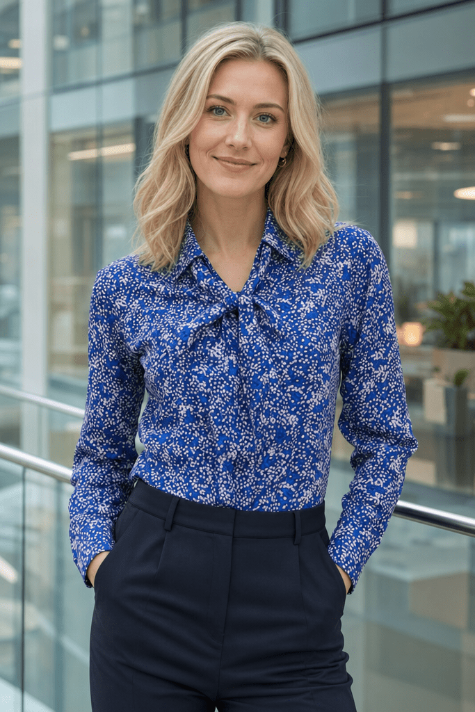Womens Long Sleeve Blouse with Removable Tie - Blue Scatter Print Blouses Arcaras
