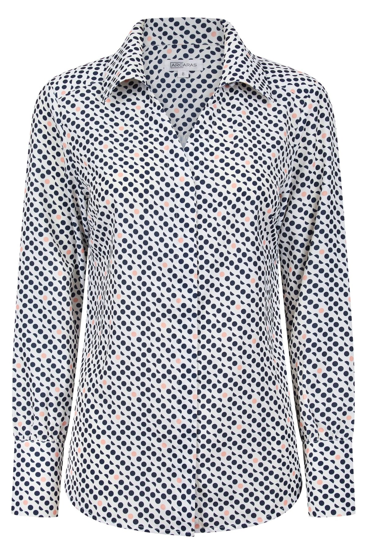 Womens Long Sleeve Blouse with Removable Tie - Pink Spot Print Blouses Arcaras