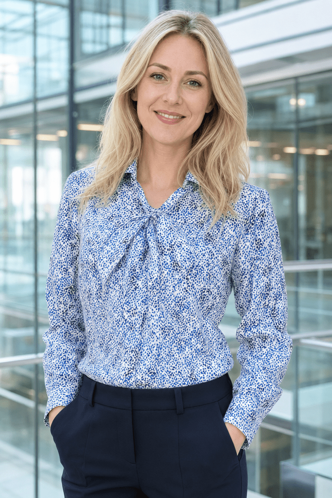 Womens Long Sleeve Blouse with Removable Tie - White Scatter Print Blouses Arcaras