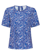 Womens Round Neck Pleat Shoulder Blouse - Blue Scatter Print Blouses Arcaras
