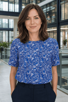 Womens Round Neck Pleat Shoulder Blouse - Blue Scatter Print Blouses Arcaras