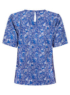 Womens Round Neck Pleat Shoulder Blouse - Blue Scatter Print Blouses Arcaras