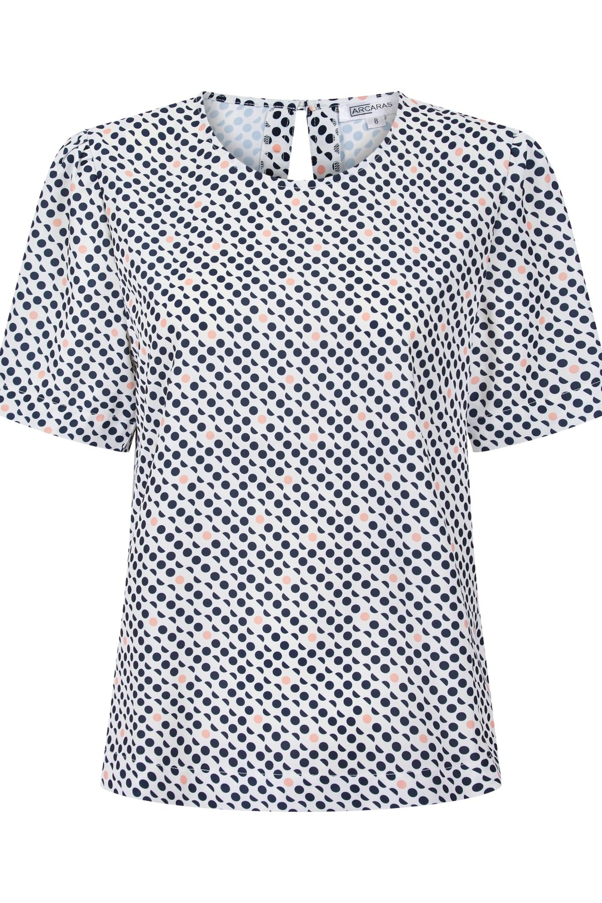 Womens Round Neck Pleat Shoulder Blouse - Pink Spot Print Blouses Arcaras