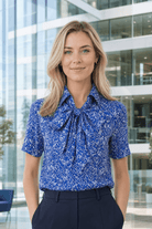 Womens Short Sleeve Blouse with Removable Tie - Blue Scatter Print Blouses Arcaras