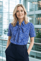 Womens Short Sleeve Blouse with Removable Tie - Blue Scatter Print Blouses Arcaras