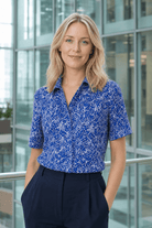 Womens Short Sleeve Blouse with Removable Tie - Blue Scatter Print Blouses Arcaras