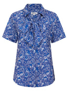 Womens Short Sleeve Blouse with Removable Tie - Blue Scatter Print Blouses Arcaras