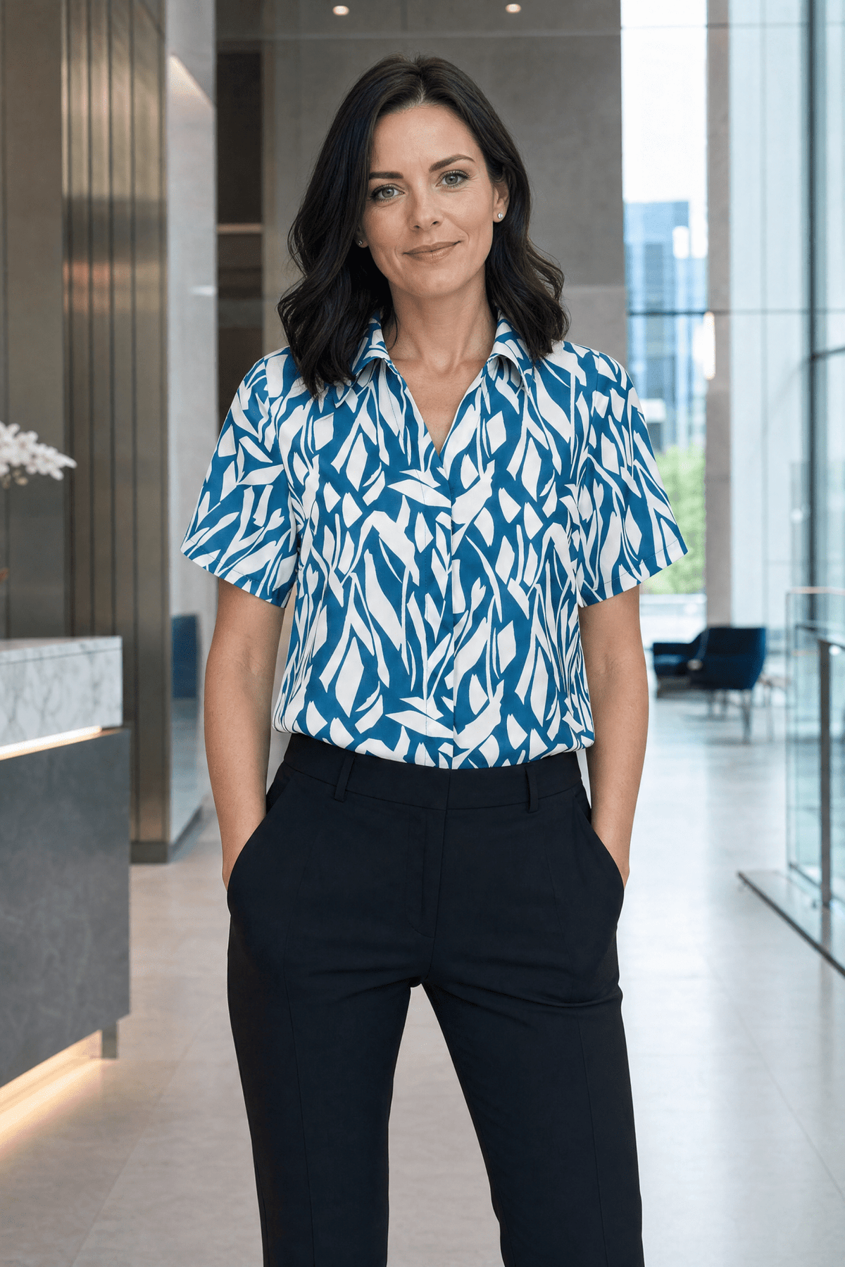 Womens Short Sleeve Blouse with Removable Tie - Teal Abstract Print Blouses Arcaras Teal 6