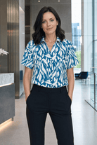 Womens Short Sleeve Blouse with Removable Tie - Teal Abstract Print Blouses Arcaras Teal 6