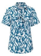 Womens Short Sleeve Blouse with Removable Tie - Teal Abstract Print Blouses Arcaras