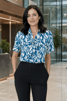 Womens Short Sleeve Blouse with Removable Tie - Teal Abstract Print Blouses Arcaras