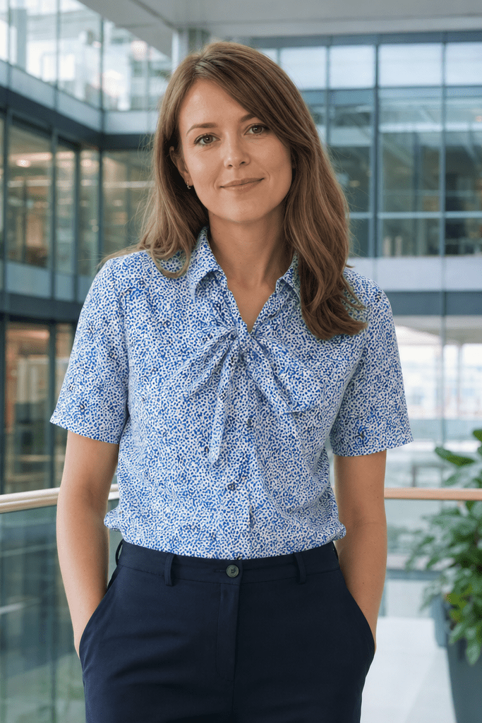 Womens Short Sleeve Blouse with Removable Tie - White Scatter Print Blouses Arcaras