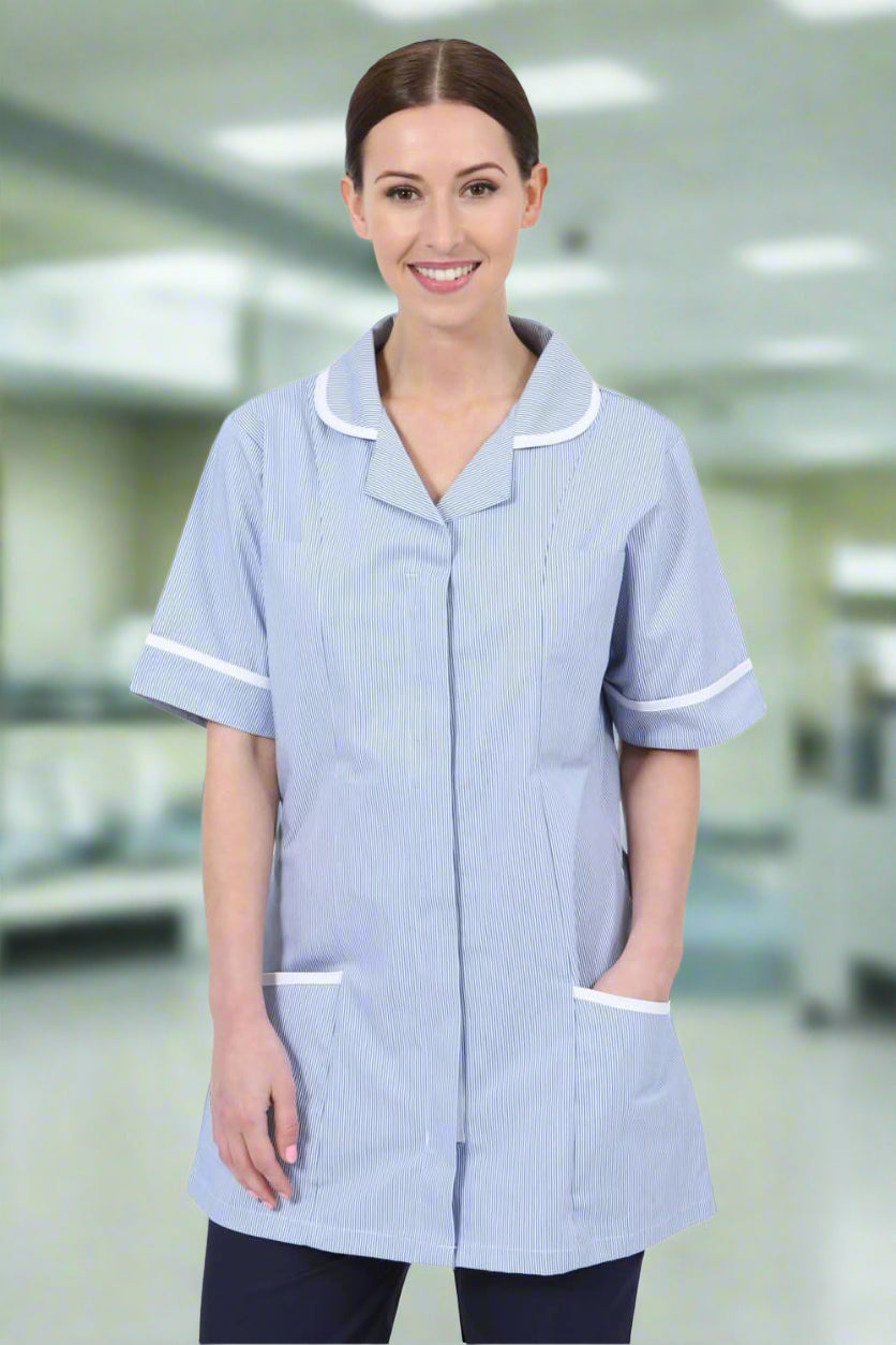 NCLT- Ladies Round Collar Tunic - Blue Stripe / White Trim Behrens 6